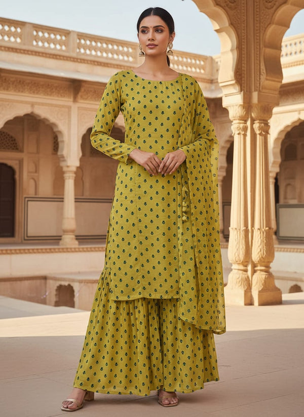 Yellow Small Floral Bud Print Pure Chinon Digital Printed Fabric - Sharara Set Lookbook - PC-0-TA7590P2-106 - alternate view
