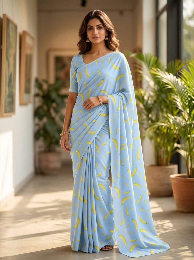 Blue Yellow Chilli Pepper Print Kora Silk Digital Printed Fabric