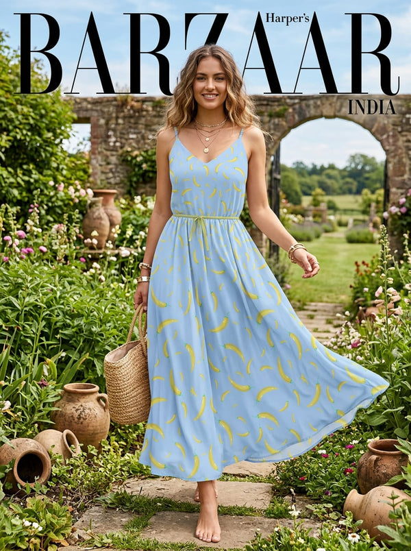 Blue Yellow Chilli Pepper Print Muslin Digital Printed Fabric - Flowy Maxi Dress Lookbook - MU-0-TA7619P1-110 - alternate view