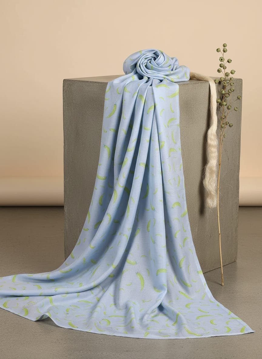 Blue Quirky Green Chilli Print Silk Crepe Digital Printed Fabric