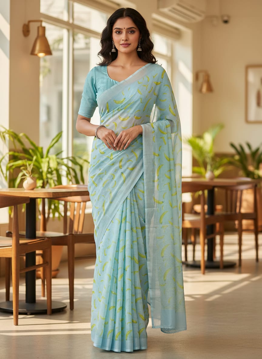 Blue Quirky Green Chilli Print Silk Crepe Digital Printed Fabric