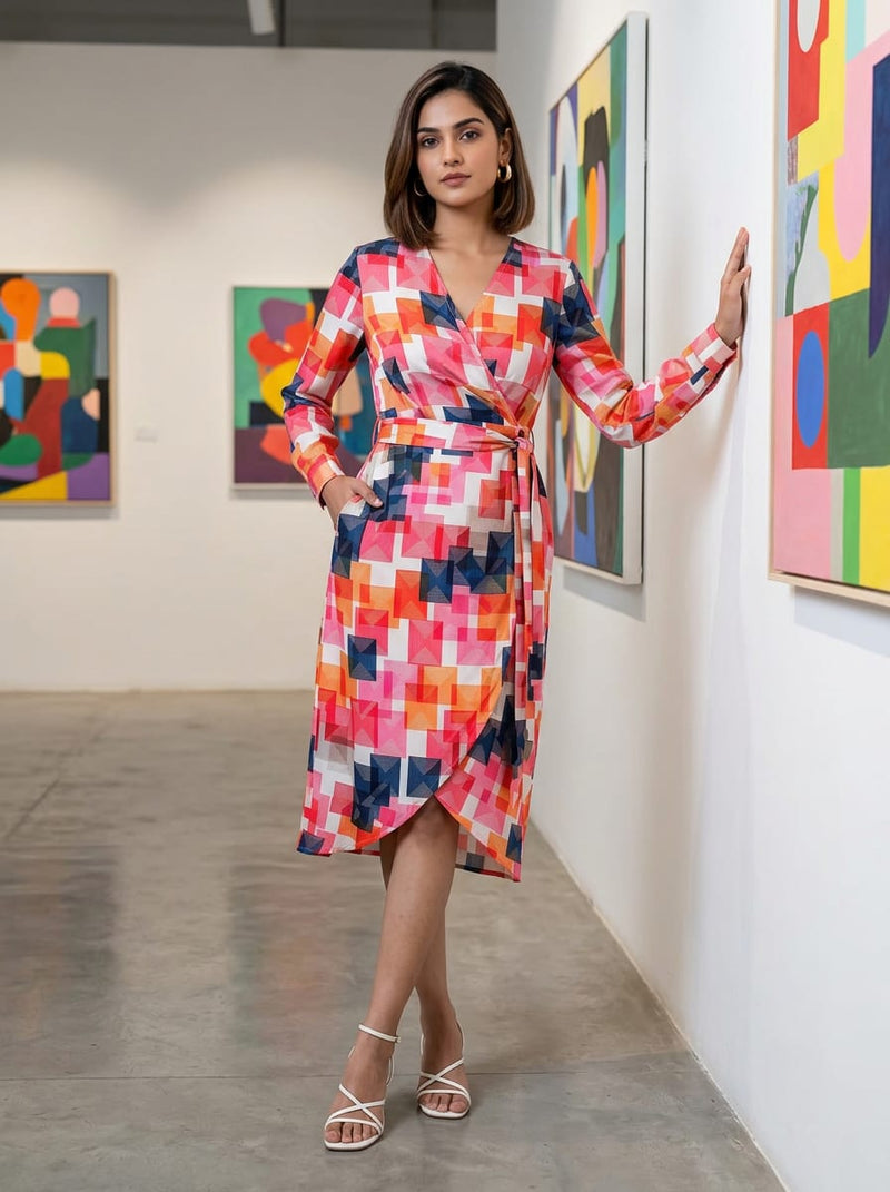Multicolor Abstract Geometric Squares Silk Crepe Digital Printed Fabric