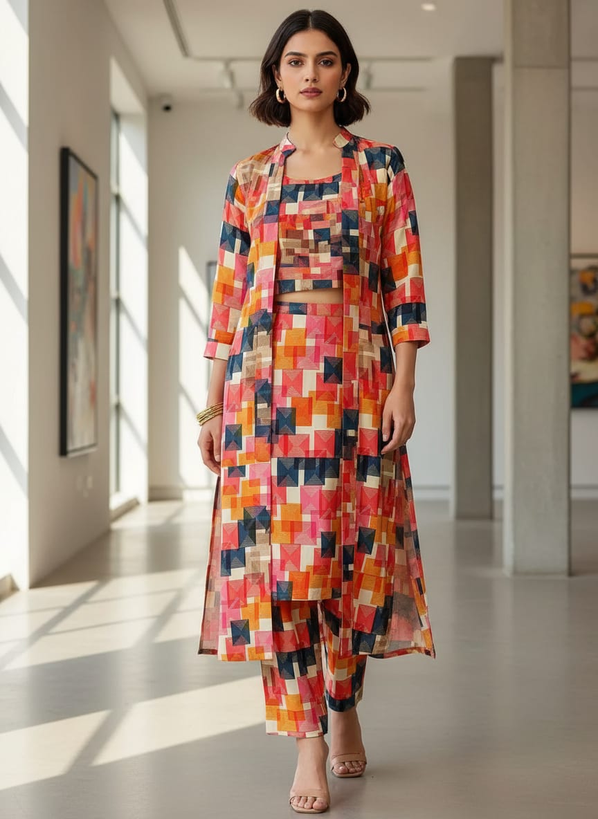 Multicolor Geometric Layered Squares Kora Silk Digital Printed Fabric