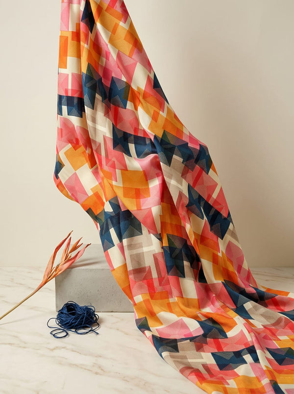 Multicolor Geometric Layered Squares Kora Silk Digital Printed Fabric - Fabric Editorial Studio Flatlay Lookbook - KS-0-TA01098-110
