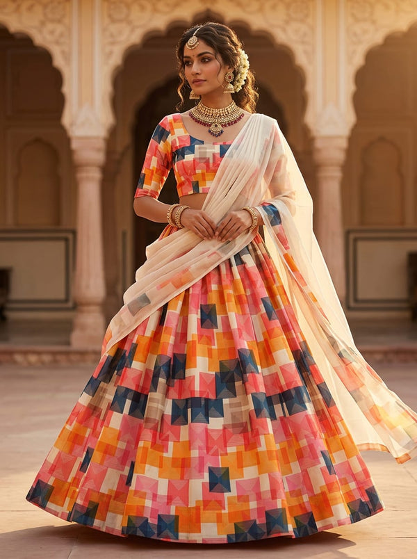Multicolor Geometric Layered Squares Kora Silk Digital Printed Fabric - Lehenga Choli Lookbook - KS-0-TA01098-110 - alternate view