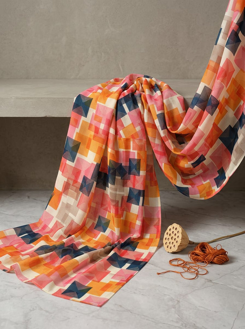Multicolor Geometric Layered Squares Muslin Digital Printed Fabric