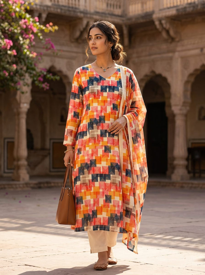 Multicolor Layered Geometric Squares Tusser Silk Digital Printed Fabric