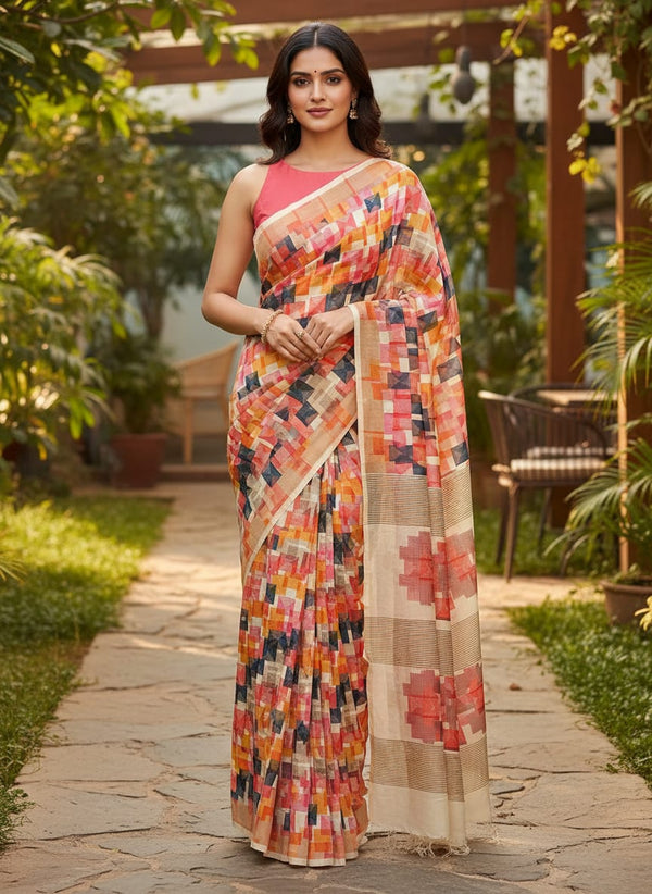 Multicolor Layered Geometric Squares Tusser Silk Digital Printed Fabric - Saree Lookbook - TS-0-TA01098-110 - alternate view