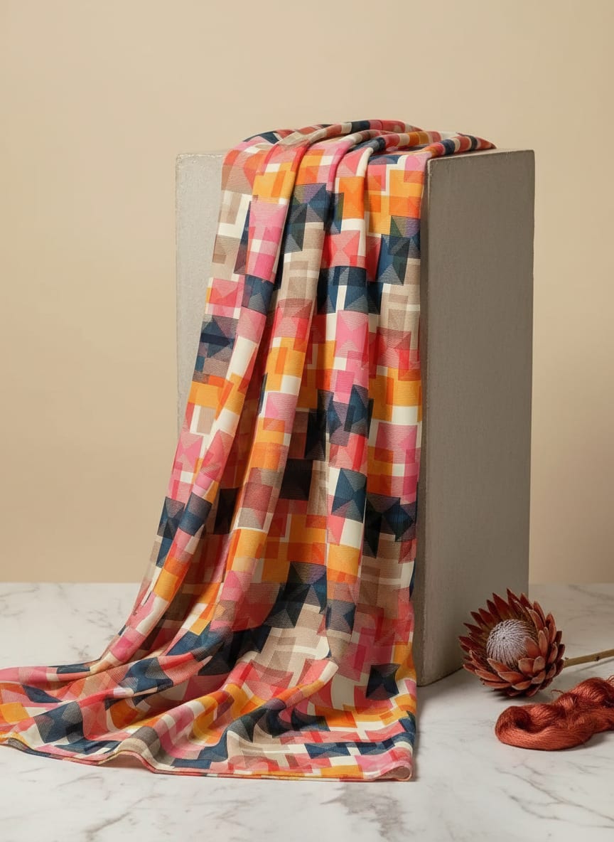 Multicolor Abstract Geometric Layered Squares Weightless Digital Printed Fabric