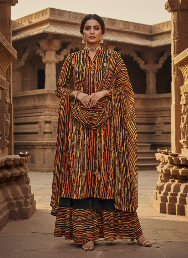 Multicolor Abstract Wavy Stripes Pure Chinon Digital Printed Fabric - Sharara Set Lookbook - PC-0-TA01139-106 - alternate view