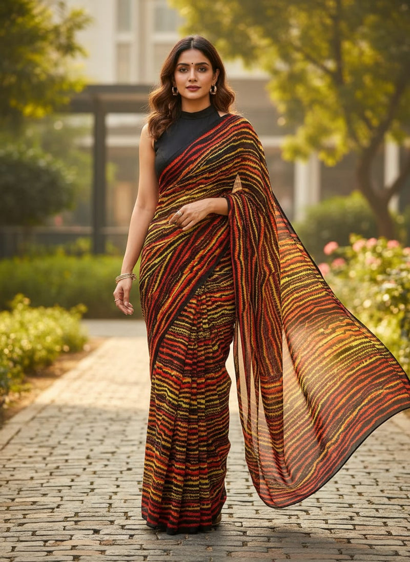 Multicolor Abstract Zigzag Wave Stripes Weightless Digital Printed Fabric