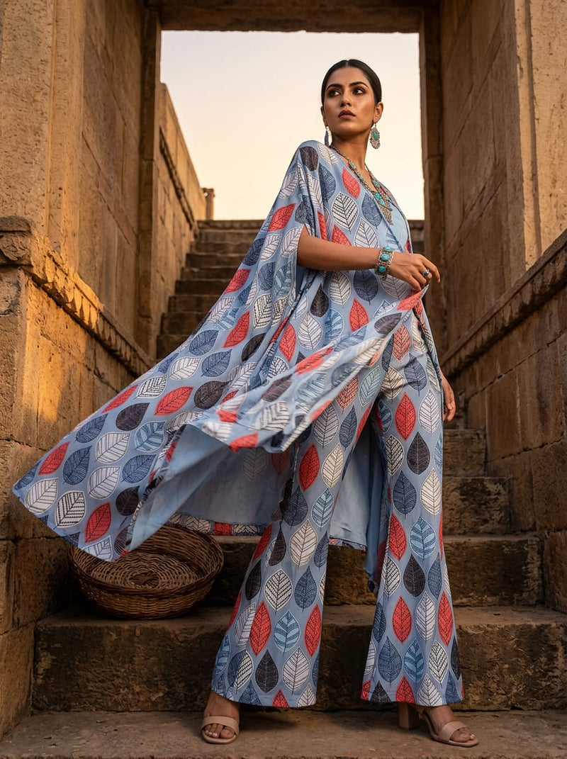 Blue Stylized Botanical Leaf Print Silk Crepe Digital Printed Fabric