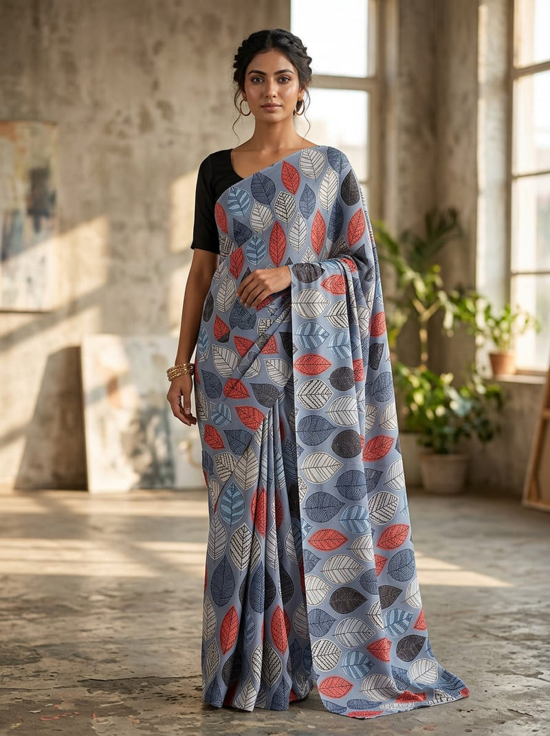 Blue Stylized Botanical Leaf Print Silk Crepe Digital Printed Fabric