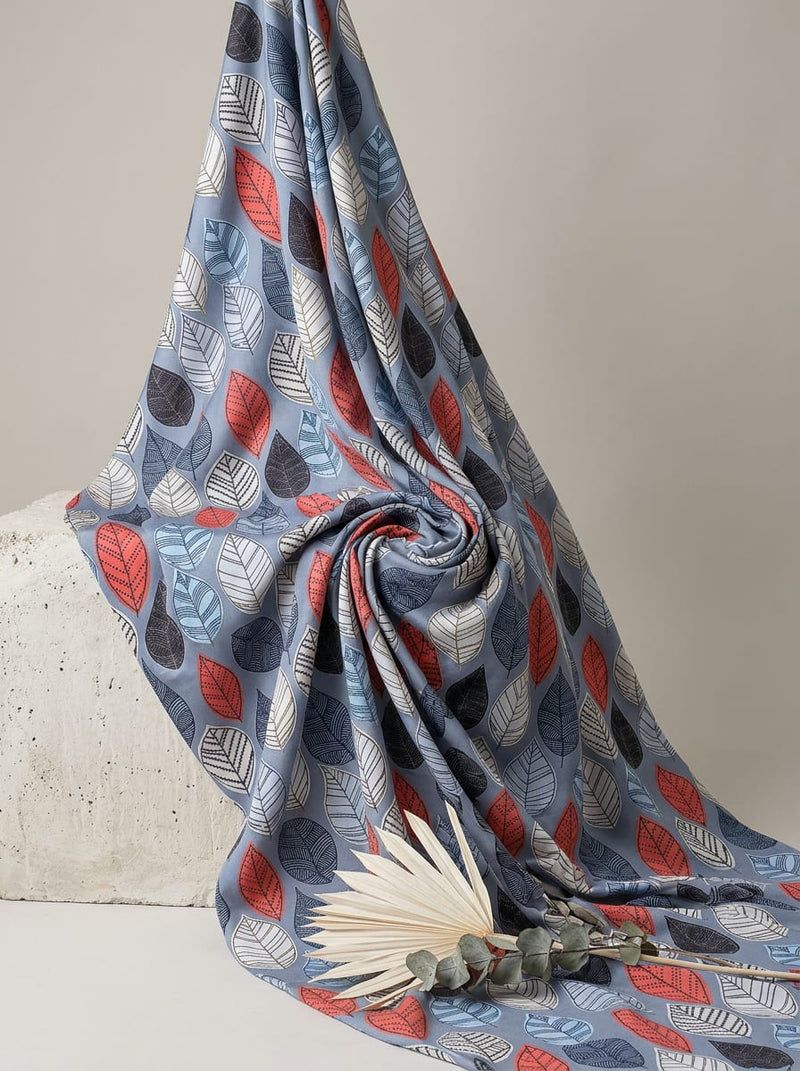 Blue Stylized Botanical Leaf Print Silk Crepe Digital Printed Fabric