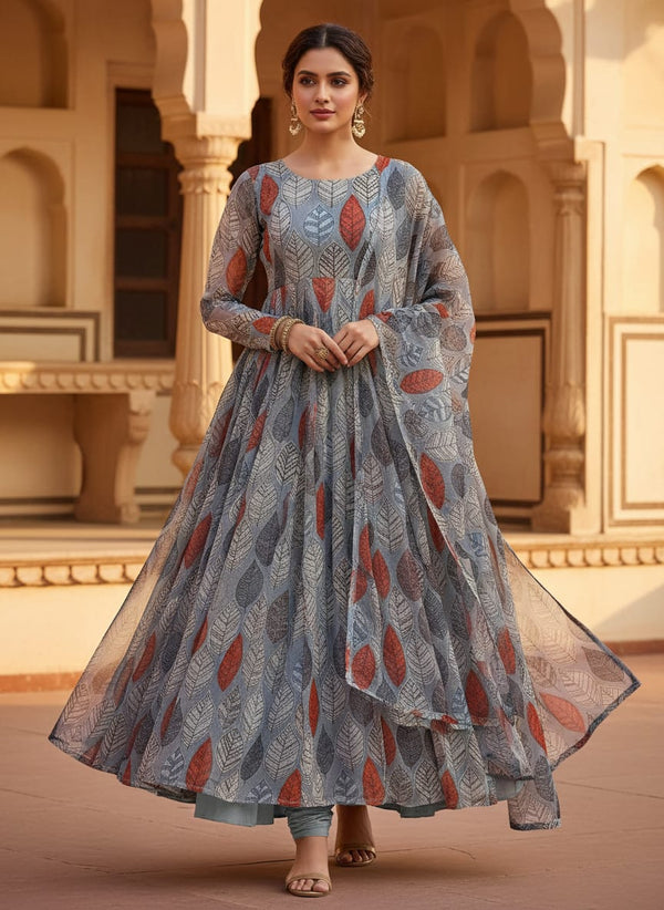 Multicolor Abstract Sketchy Leaves Pure Chiffon Digital Printed Fabric - Anarkali Kurta Set Lookbook - PCH-0-TA01065-96 - alternate view