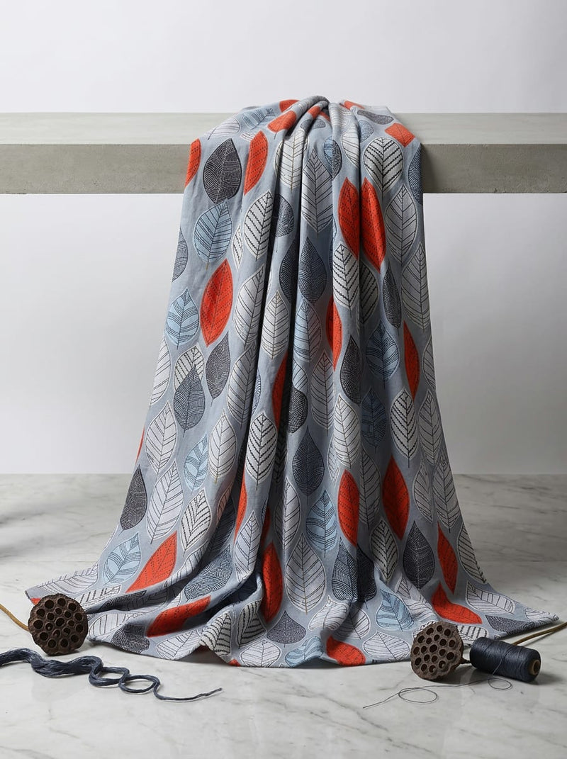 Grey Stylized Botanical Leaf Print Pure Cotton Digital Printed Fabric