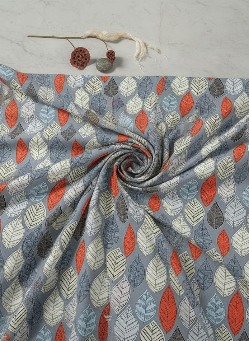 Grey Stylized Botanical Leaf Print Pure Georgette Digital Printed Fabric