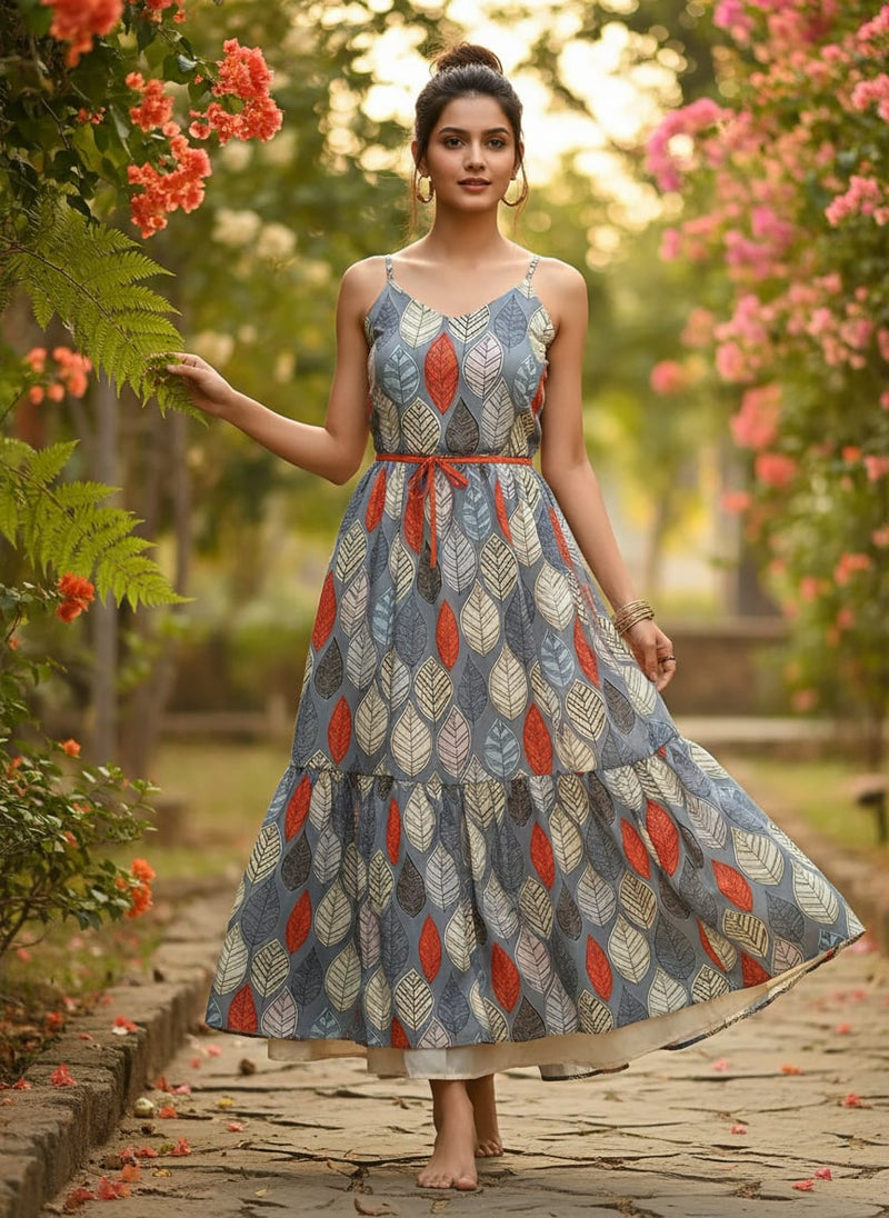 Grey Stylized Botanical Leaf Print Pure Georgette Digital Printed Fabric