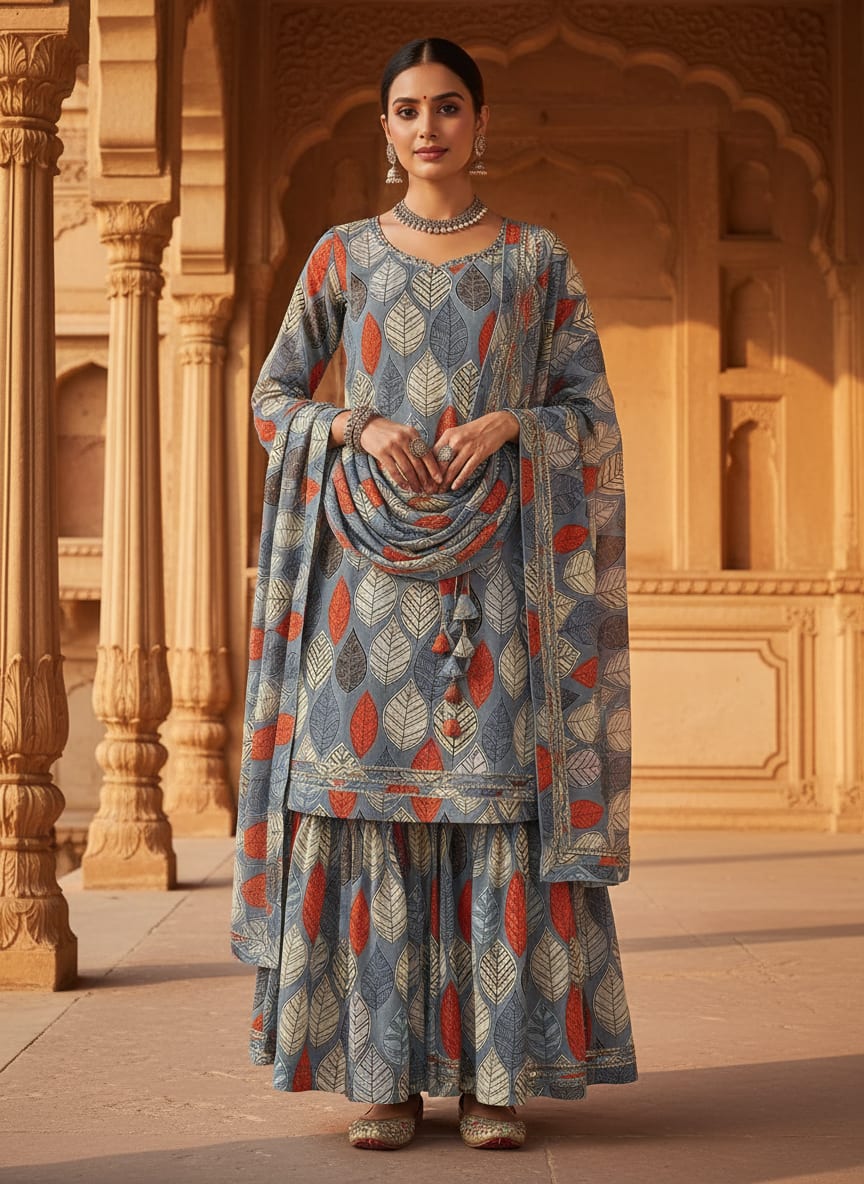 Grey Stylized Botanical Leaf Print Pure Georgette Digital Printed Fabric