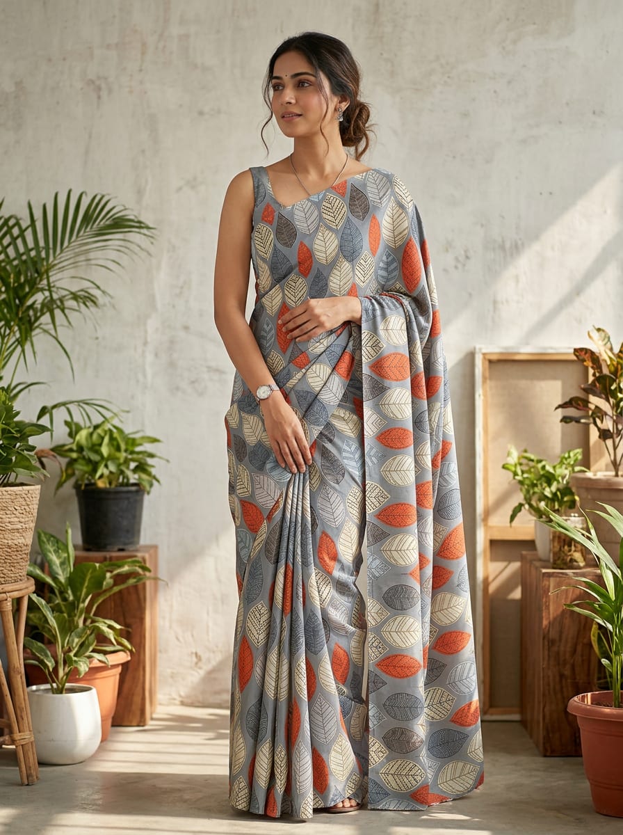 Grey Stylized Botanical Leaf Pattern Tusser Silk Digital Printed Fabric