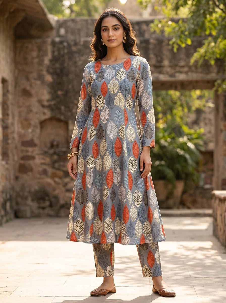 Grey Stylized Botanical Leaf Pattern Tusser Silk Digital Printed Fabric