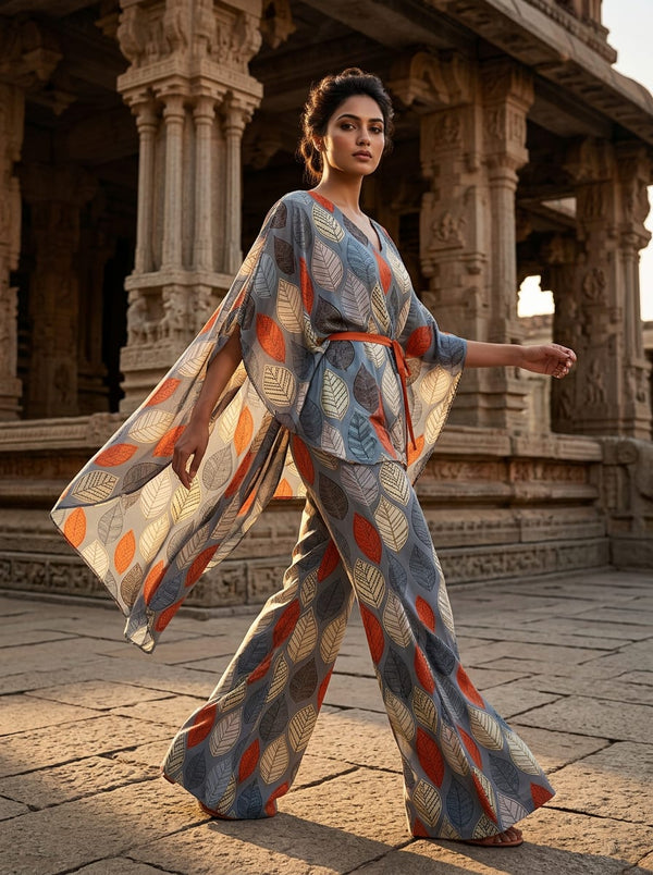 Grey Stylized Botanical Leaves Upada Silk Digital Printed Fabric - Draped Cape with Flared Pants Lookbook - US-0-TA01065-110 - alternate view