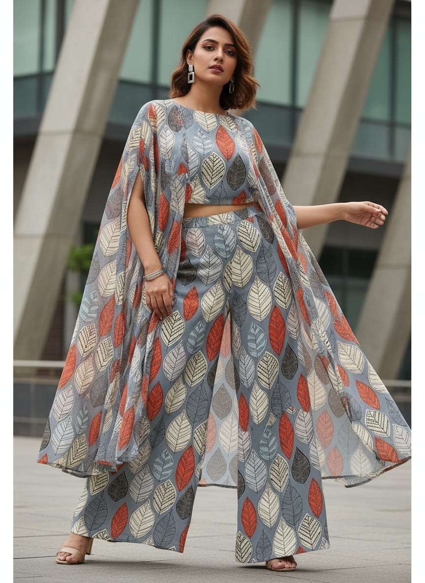 Grey Modern Stylized Leaf Weightless Digital Printed Fabric