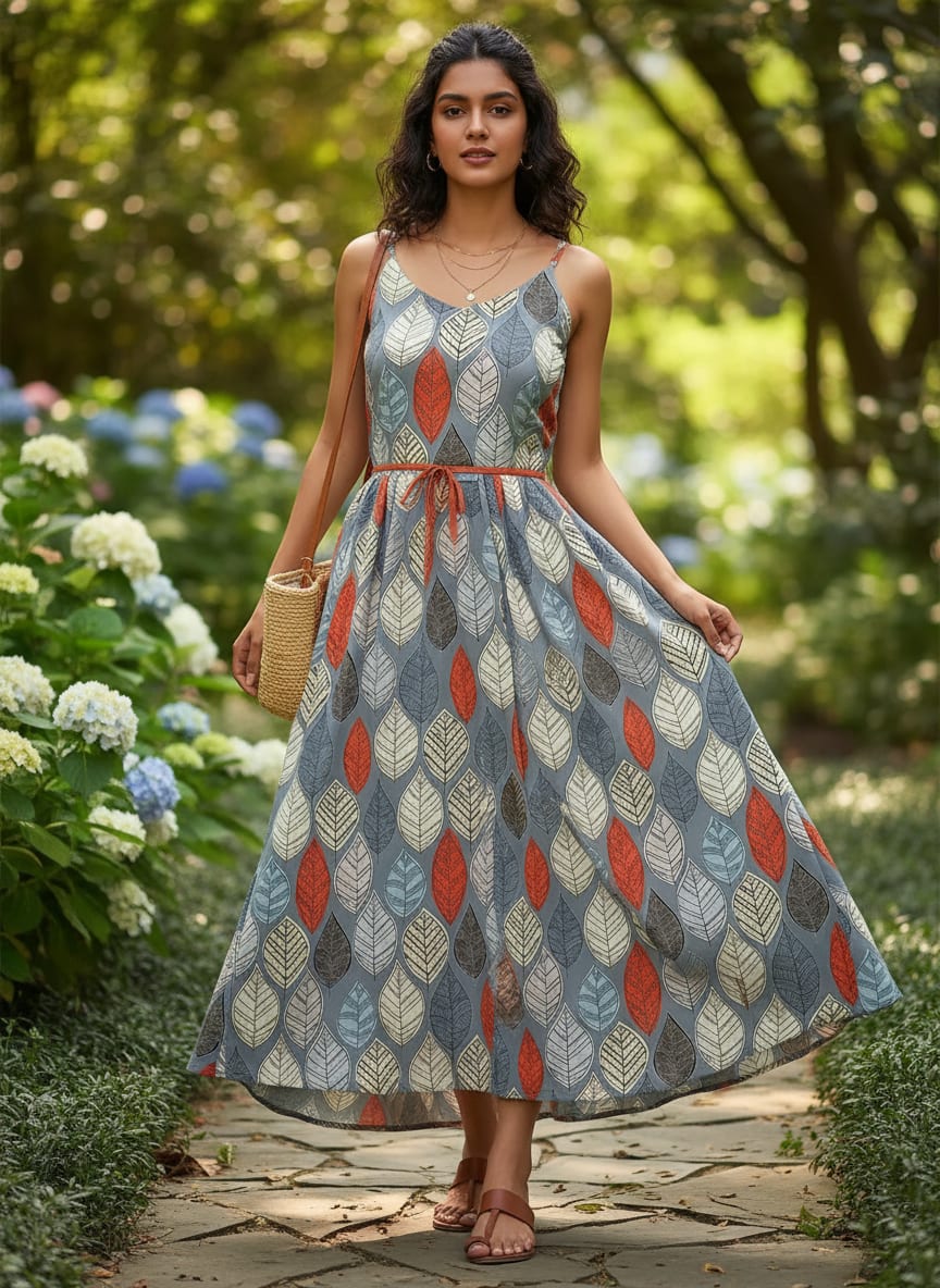 Grey Modern Stylized Leaf Weightless Digital Printed Fabric