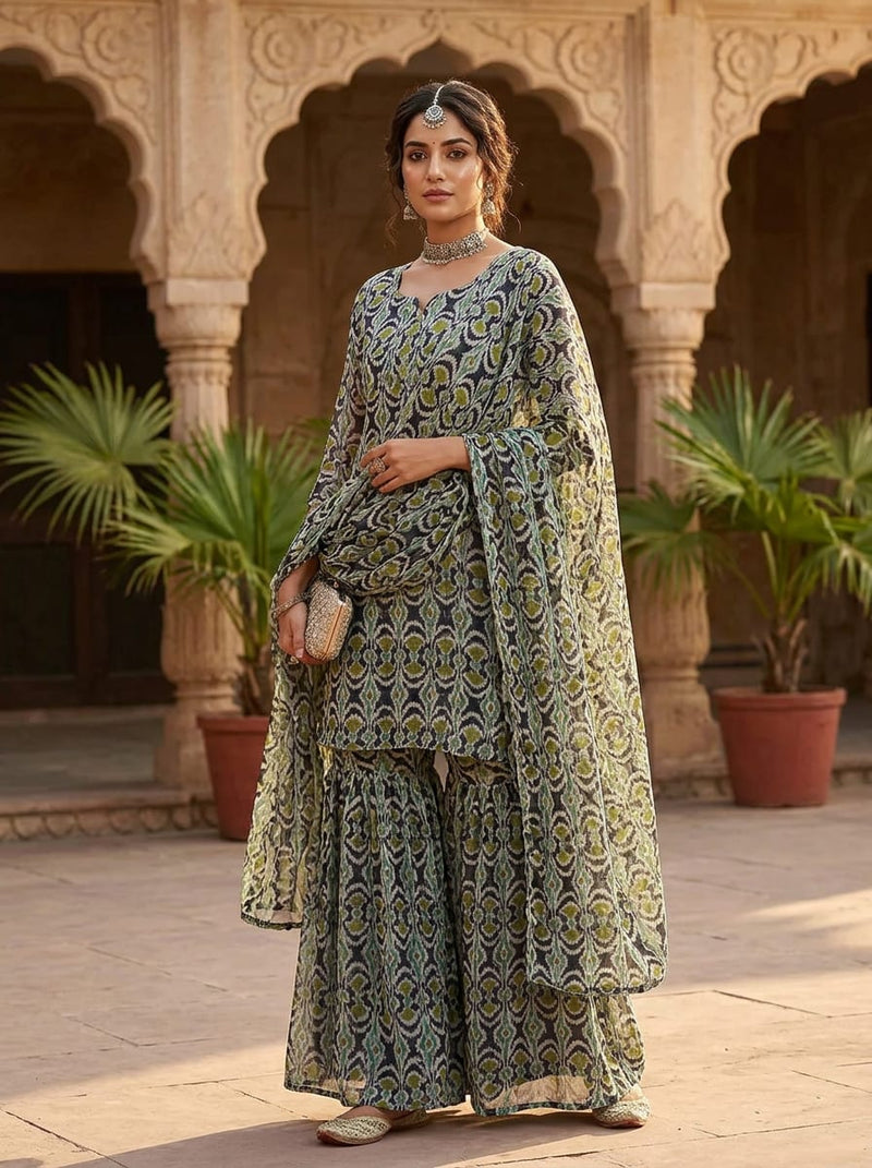 Navy Abstract Geometric Ikat Pattern Pure Georgette Digital Printed Fabric