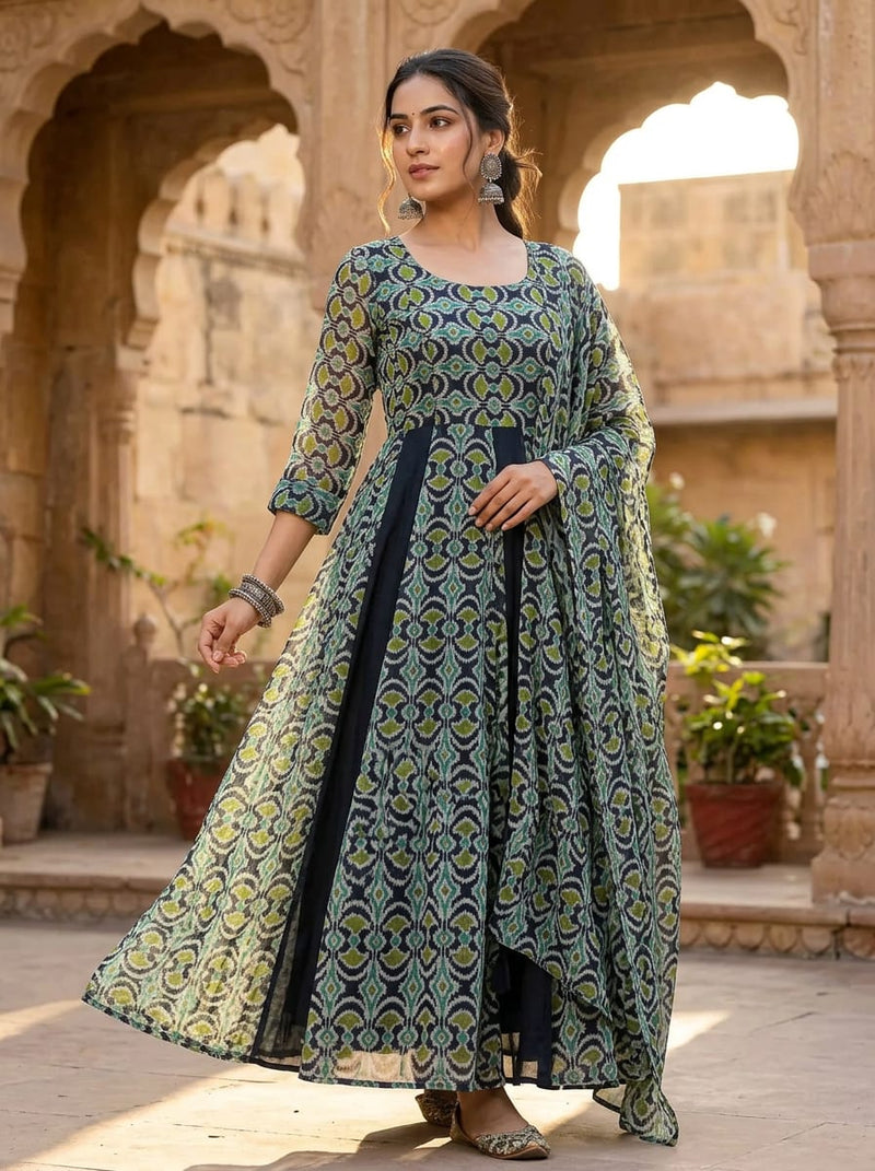 Navy Abstract Geometric Ikat Pattern Pure Georgette Digital Printed Fabric