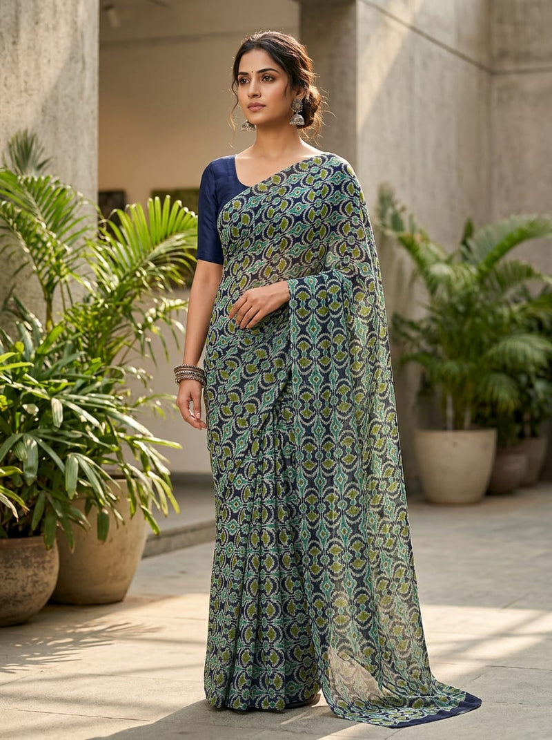 Navy Abstract Geometric Ikat Pattern Pure Georgette Digital Printed Fabric