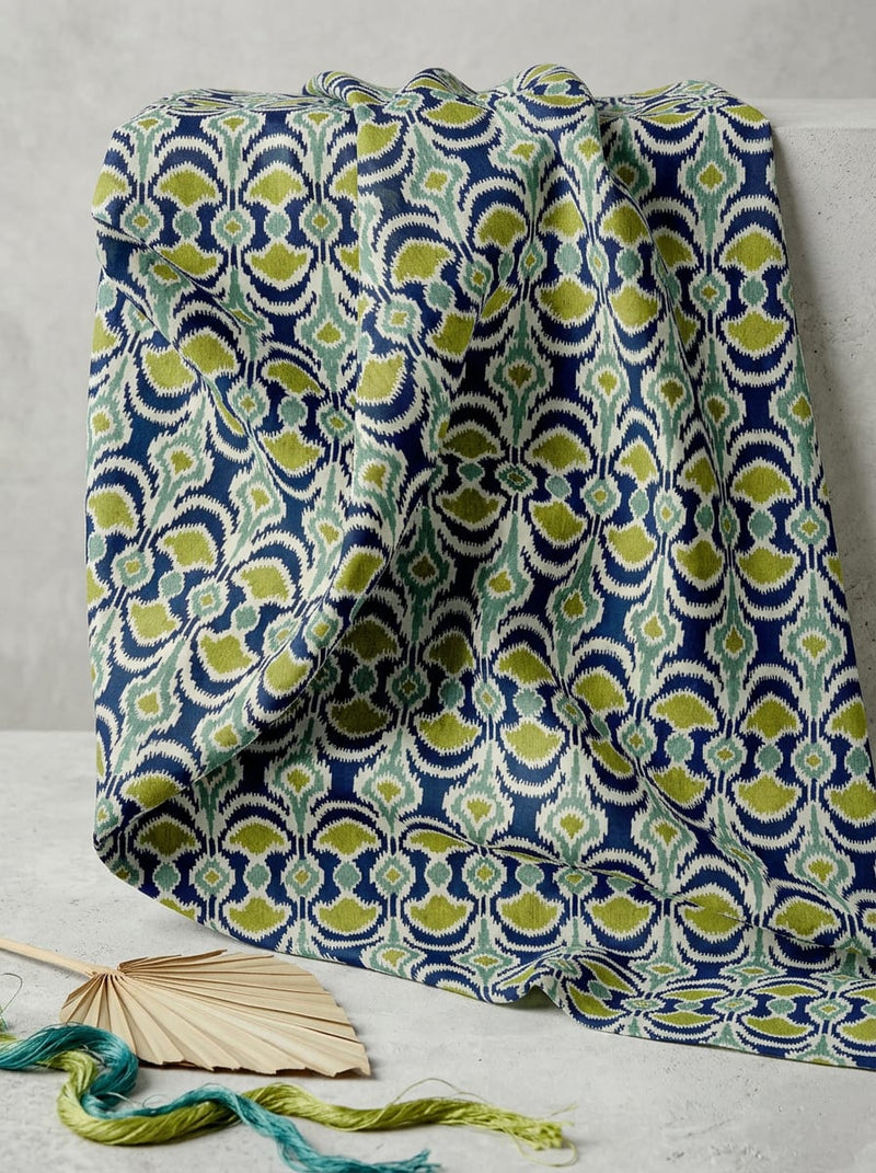 Navy Ethnic Ikat Style Pattern Weightless Digital Printed Fabric