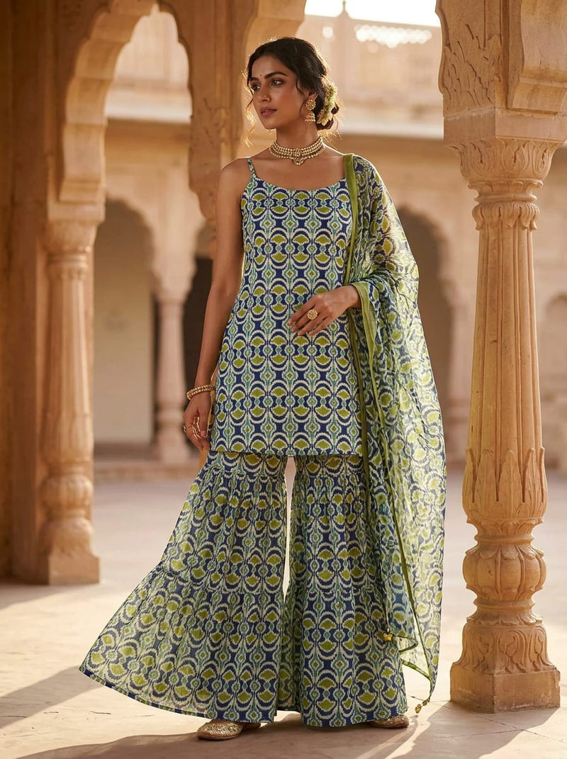 Navy Ethnic Ikat Style Pattern Weightless Digital Printed Fabric