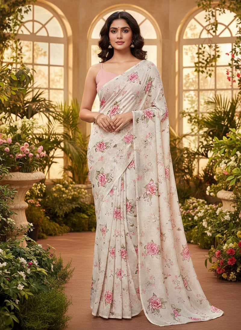 Beautiful Floating Pink Rose Digital Printed Fabric