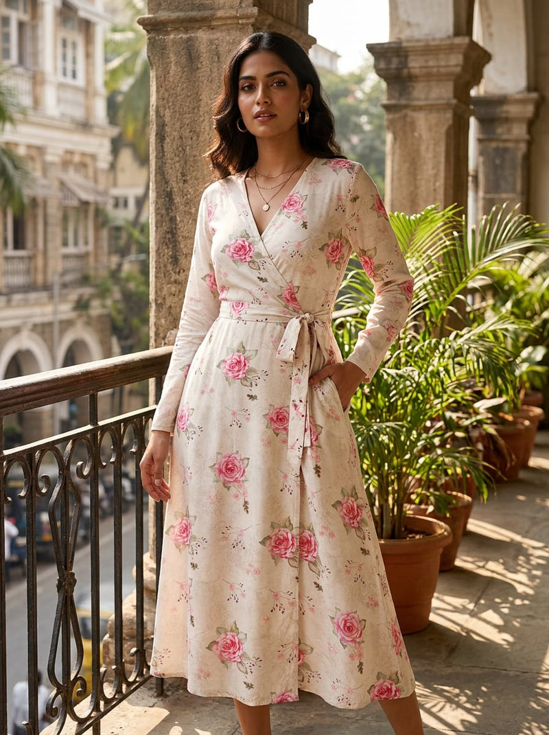 Cream Vintage Rose Floral Rayon Digital Printed Fabric