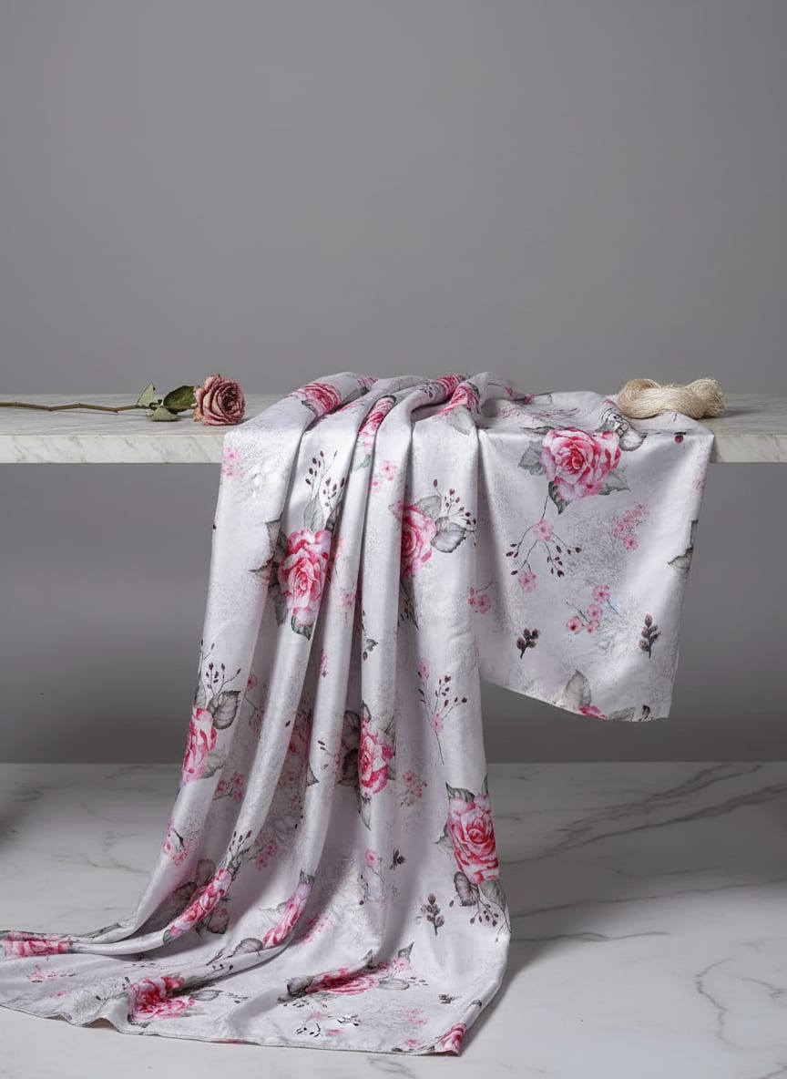 Beautiful Floating Pink Rose Digital Printed Fabric