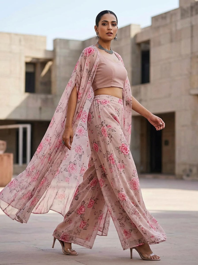 Pink Watercolour Rose Floral Pure Chiffon Digital Printed Fabric