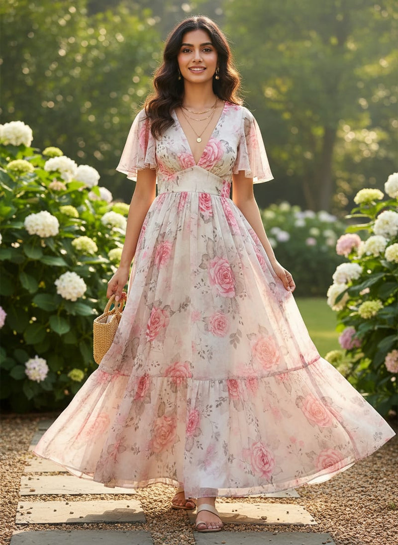 Pink Watercolour Rose Floral Pure Chiffon Digital Printed Fabric