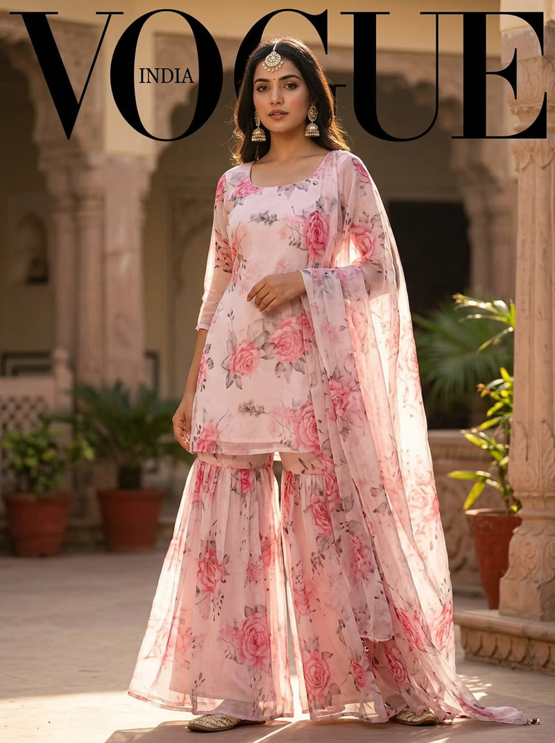 Pink Watercolour Rose Floral Pure Chiffon Digital Printed Fabric