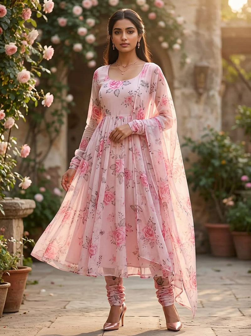 Pink Watercolour Rose Floral Pure Chiffon Digital Printed Fabric