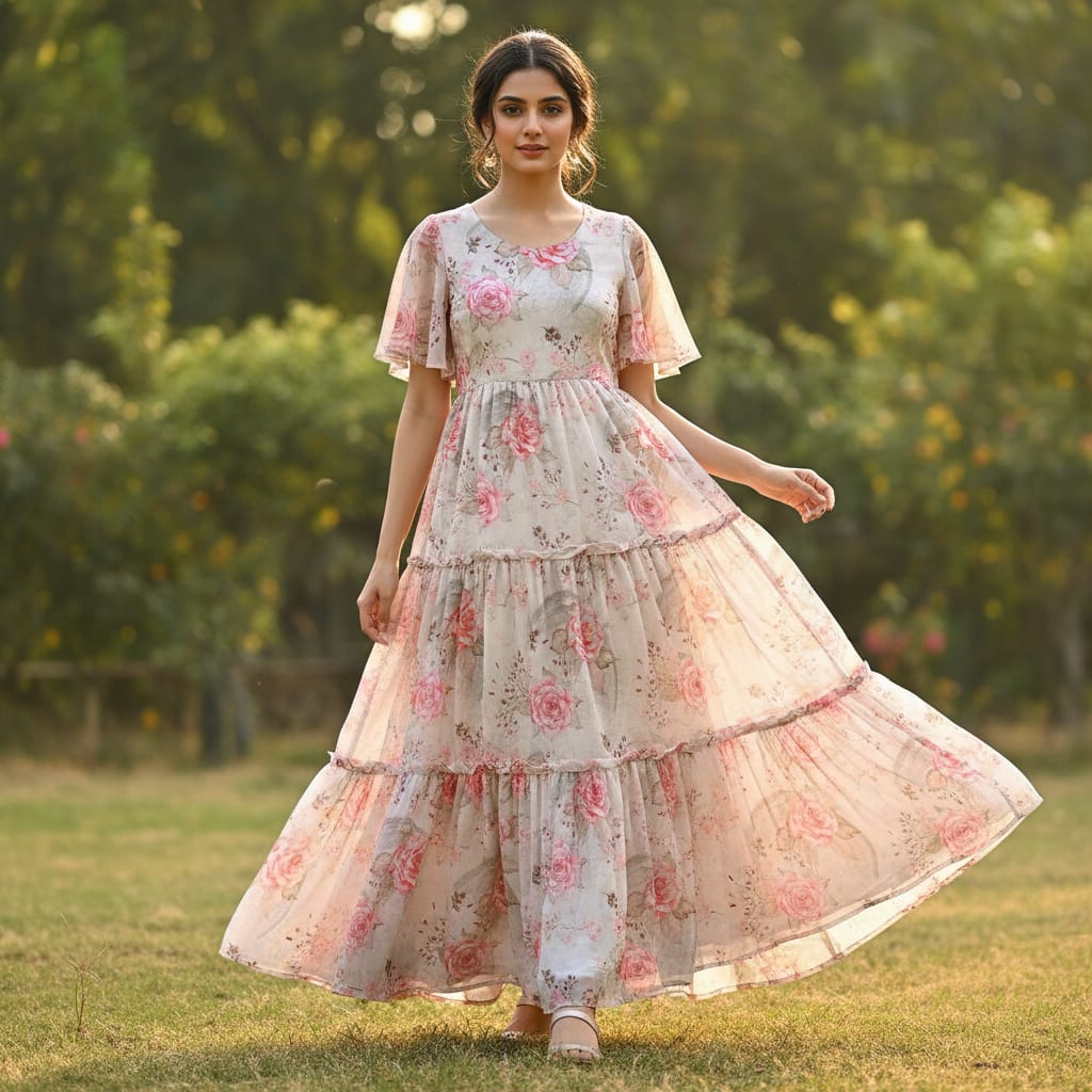 Beautiful Floating Pink Rose Digital Printed Fabric