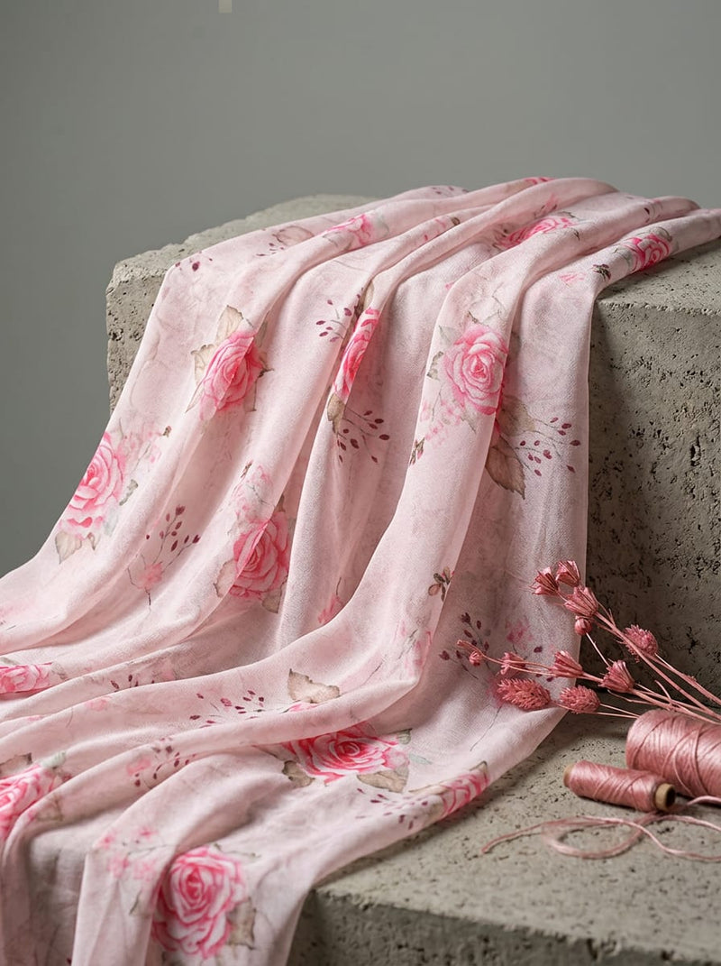 Pink Watercolor Rose Floral Pure Georgette Digital Printed Fabric