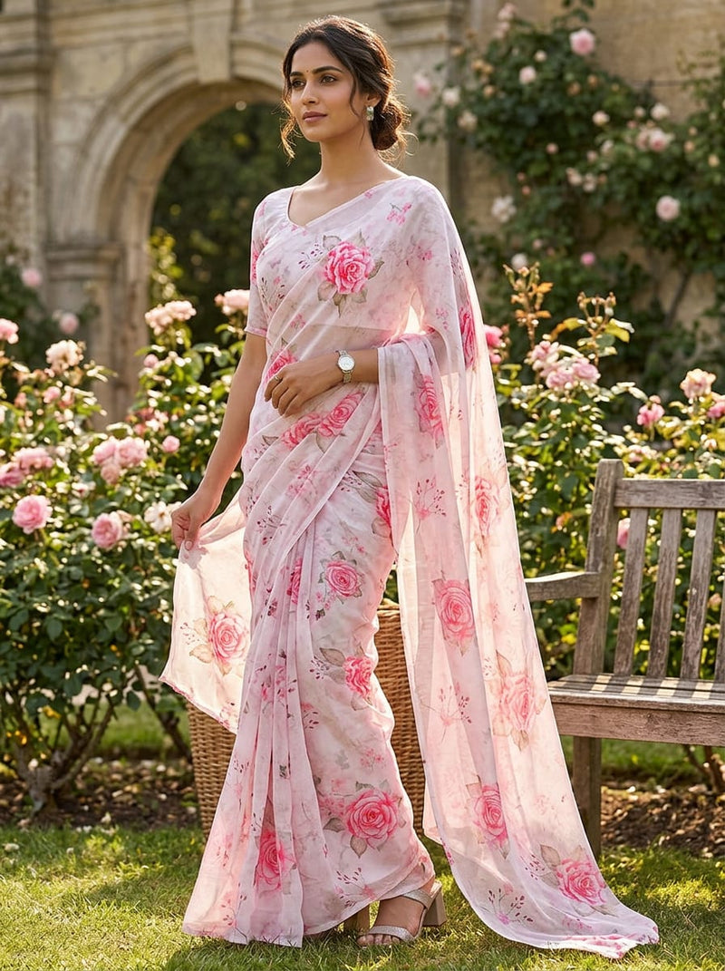 Pink Watercolor Rose Floral Pure Georgette Digital Printed Fabric