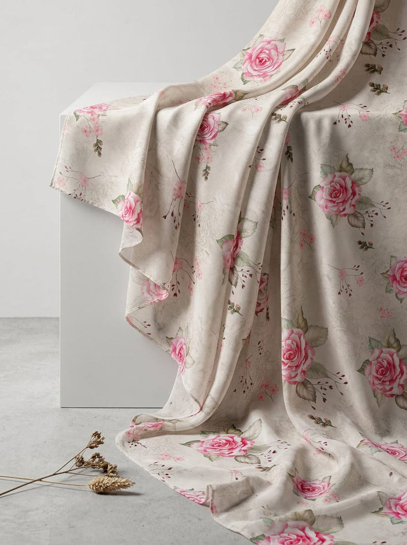 Pink and Cream Watercolor Rose Floral Weightless Digital Printed Fabric