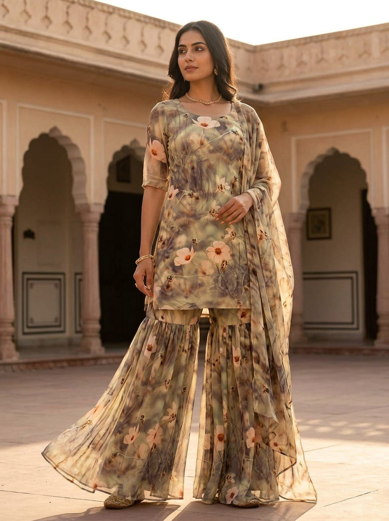 Olive Earthy Botanical Floral Pure Chiffon Digital Printed Fabric