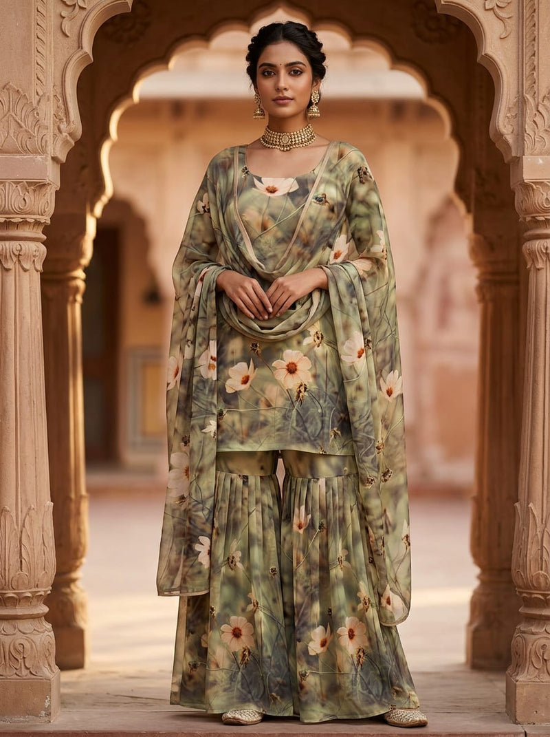 Olive Earthy Botanical Floral Pure Chiffon Digital Printed Fabric