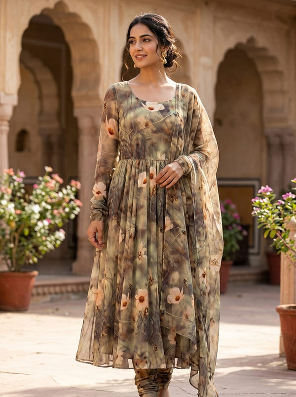 Olive Earthy Botanical Floral Pure Chiffon Digital Printed Fabric - Anarkali Kurta Set Lookbook - PCH-0-0TA05447-96 - alternate view
