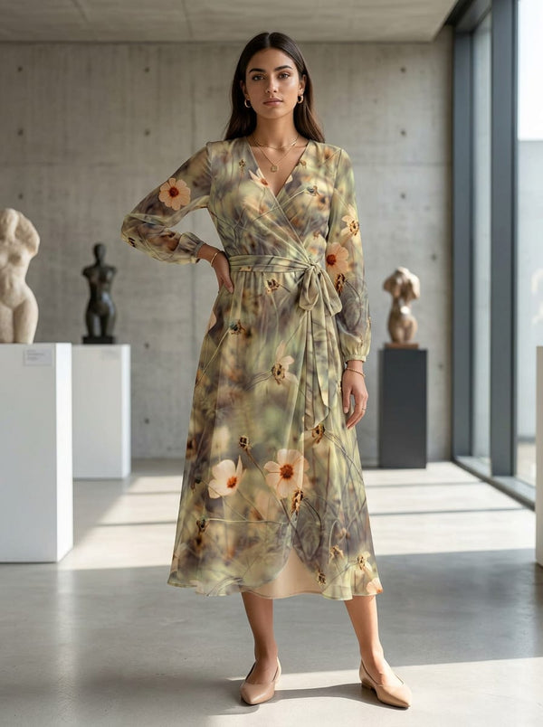 Multicolor Misty Field Cosmos Floral Weightless Digital Printed Fabric - Wrap Dress Lookbook - WE-0-TA05447-110 - alternate view