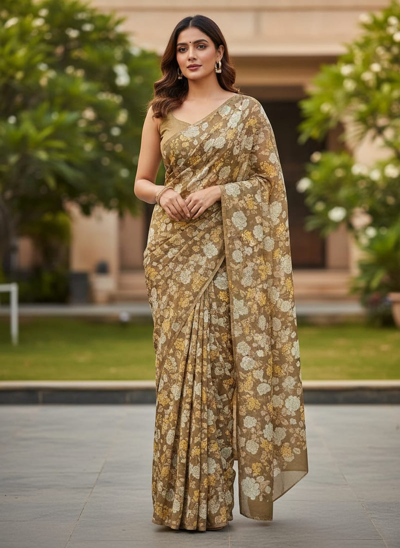 Beautiful Floral Vine Over Brown Base Digital Printed Fabric