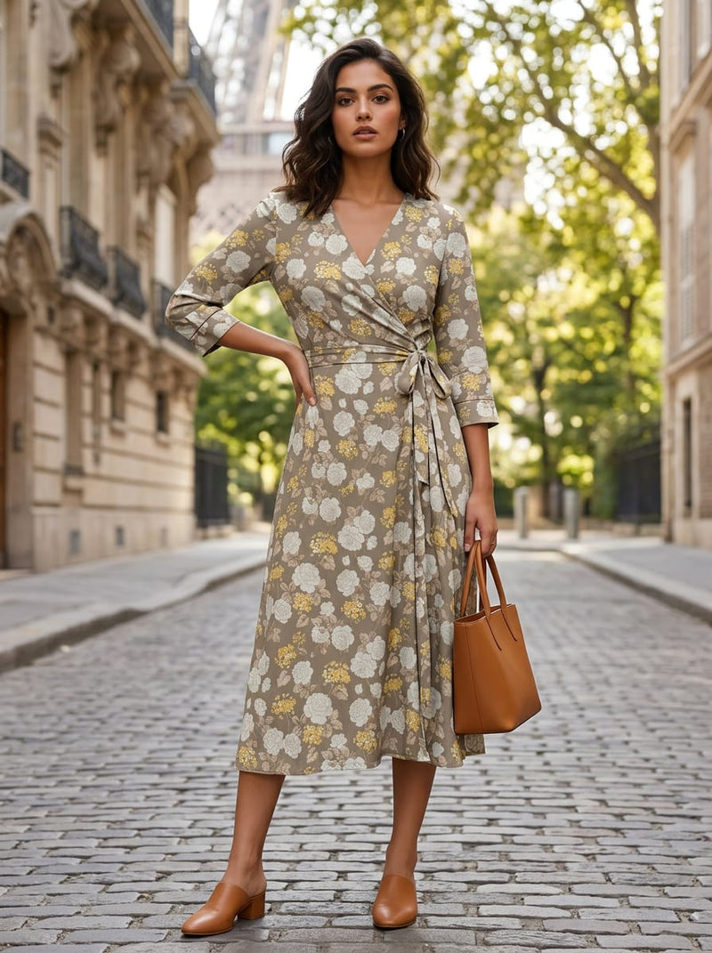 Brown Vintage Rose Floral Silk Crepe Digital Printed Fabric